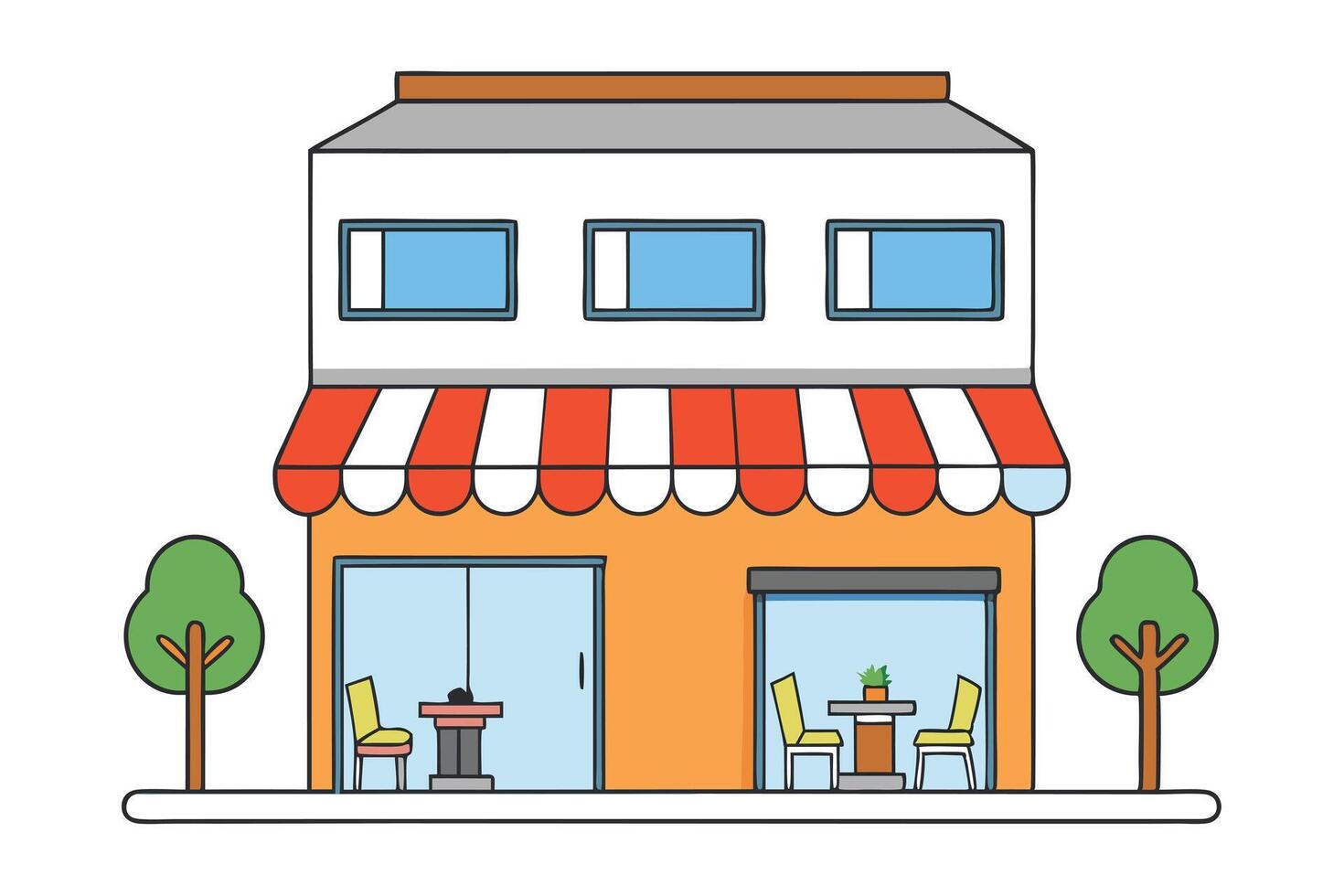 Two Story Colorful Building with Striped Awning, Trees and Table Chair Sets vector