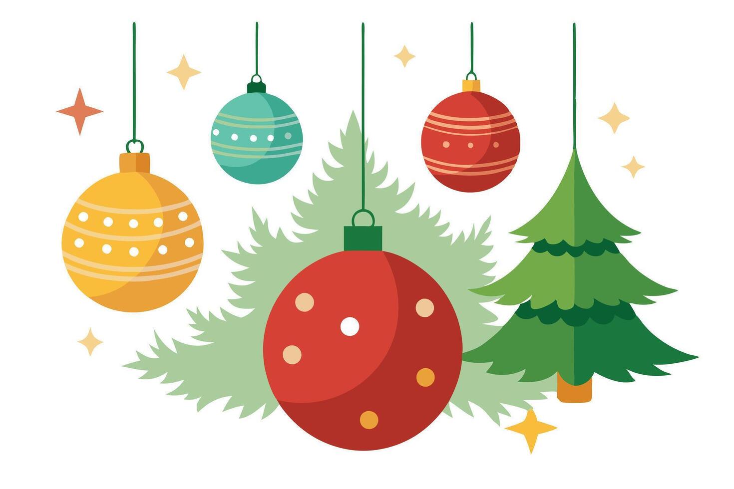 Festive Christmas Ornaments Tree Green Flat Design on White vector