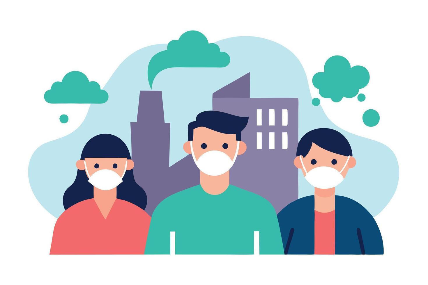 Flat Three Individuals Wearing Face Masks Against Factory Backdrop vector