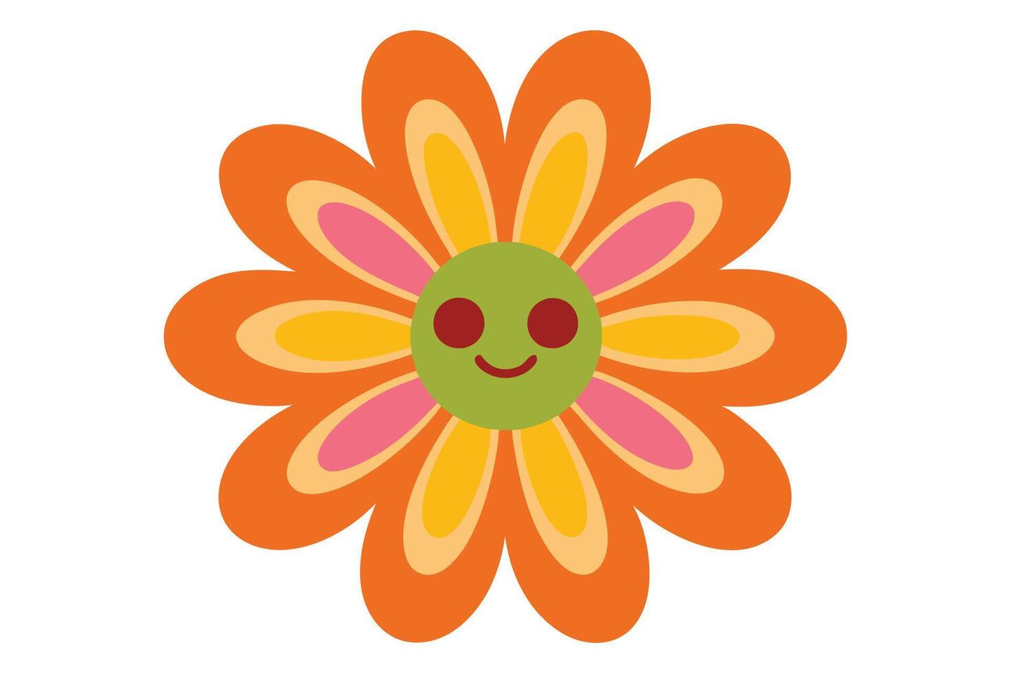 Retro Orange Flower with Happy Face, Cute Floral Design, Cartoon Style Isolated vector