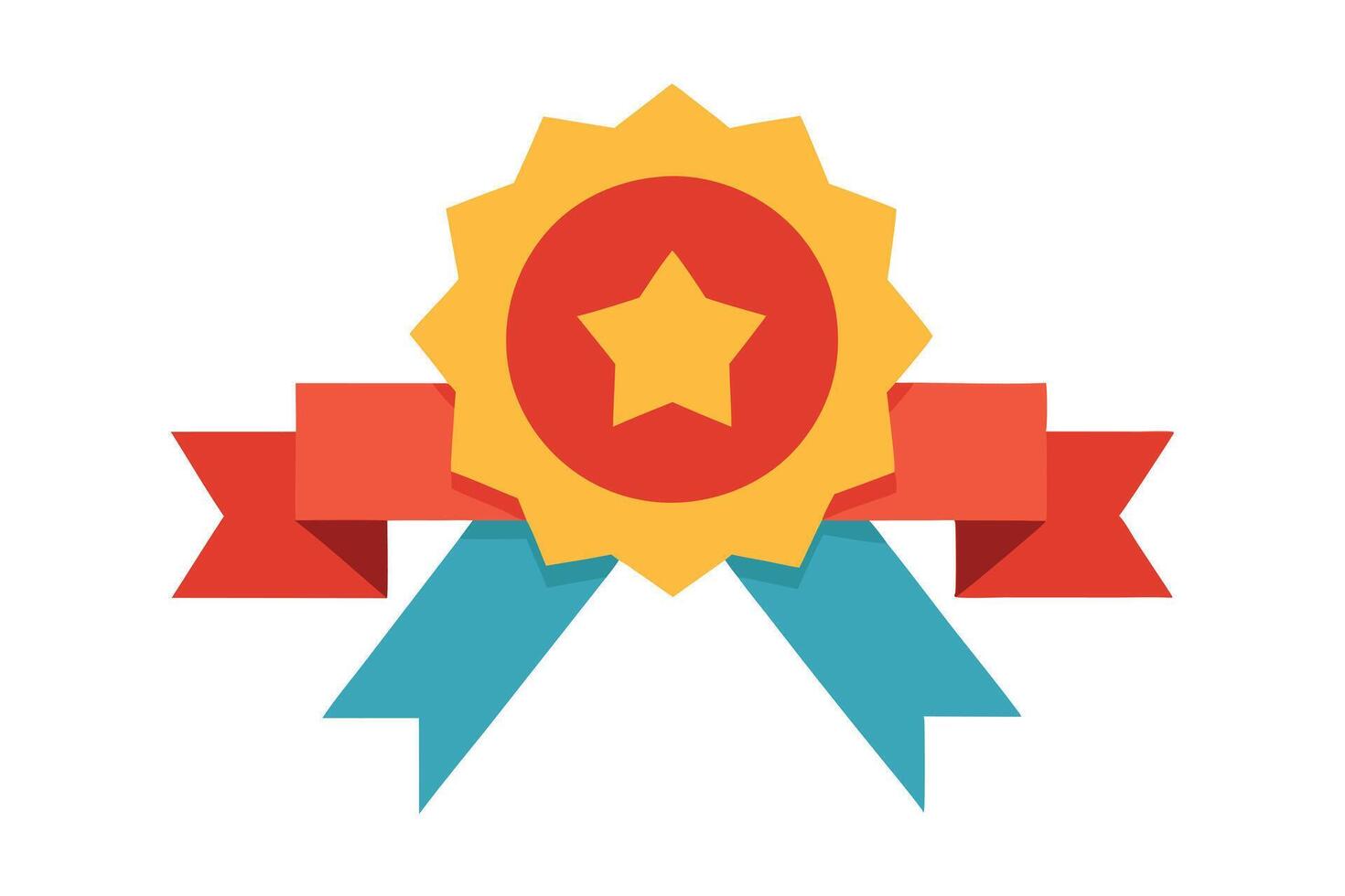 Badge Icon with Star, Golden Rosette, Red and Blue Ribbons on White Background vector
