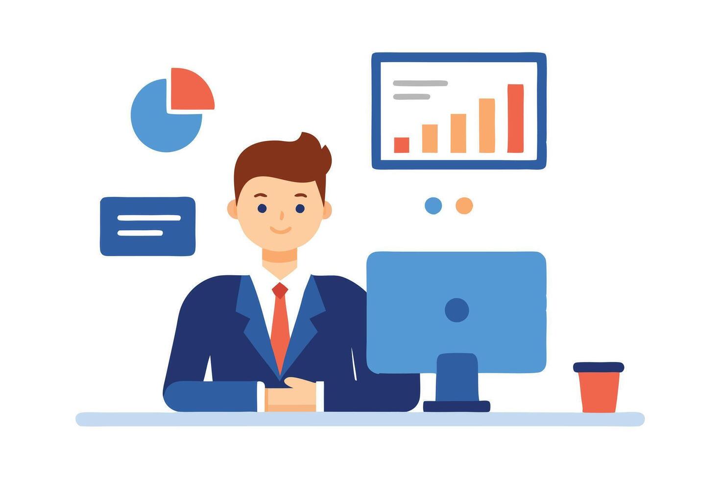 Cartoon Businessman at Desk with Computer, Chart, Coffee on White Background vector
