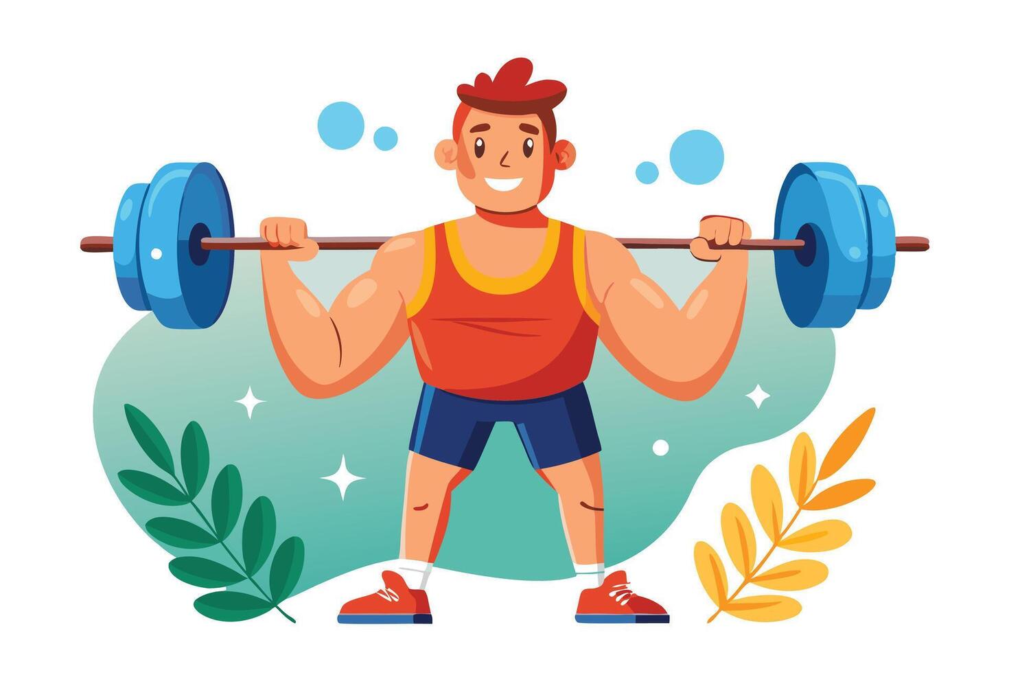Muscular Man Lifting Barbell Weight in Cartoon Style on a White Background vector