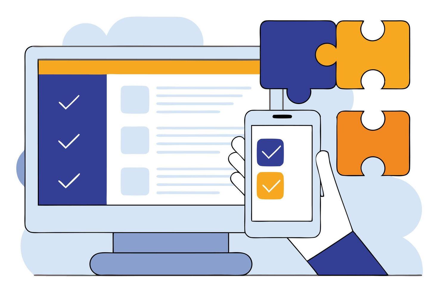 Computer and Smartphone with Checkmarks and Hand Holding Mobile. Jigsaw Pieces vector