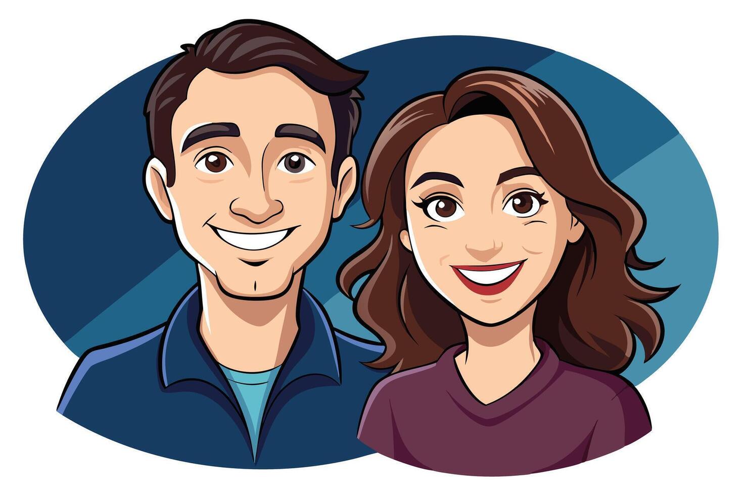 Cartoon Portrait of Smiling Caucasian Man and Woman on Blue Background vector