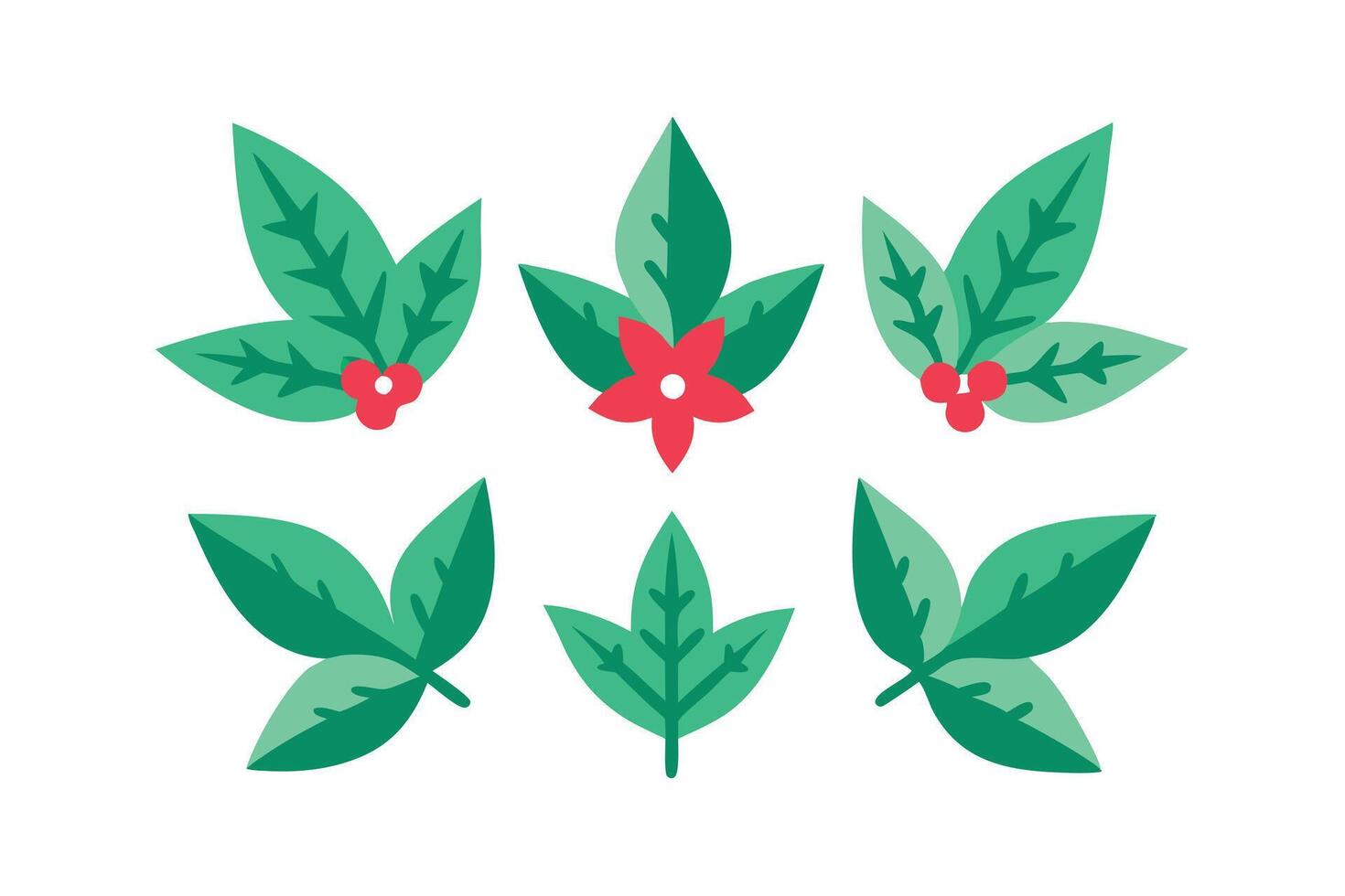 Six Isolated Green Leaves and Red Berries Design on White Background Flat Style vector