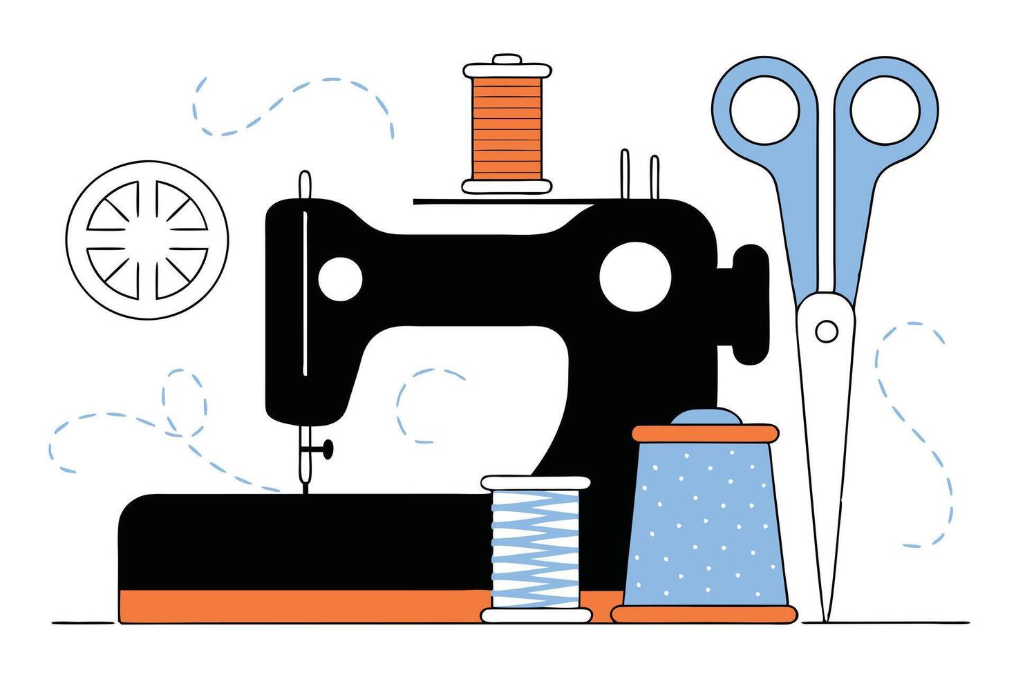 Sewing Machine with Scissors, Thimble and Thread Spools Flat on White vector