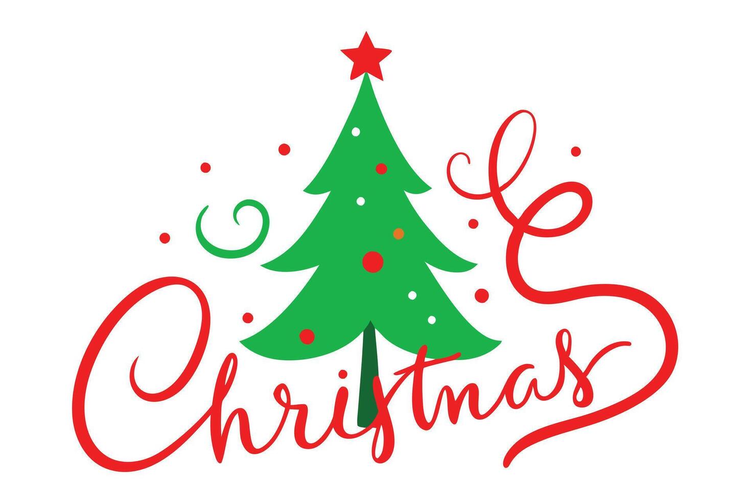 Festive Christmas Text, Cartoon Tree, Candies on White Background, Holiday Decor vector