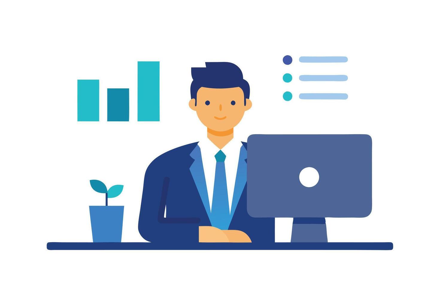 Businessman at Desk with Monitor, Growing Plant and Business Charts on White vector