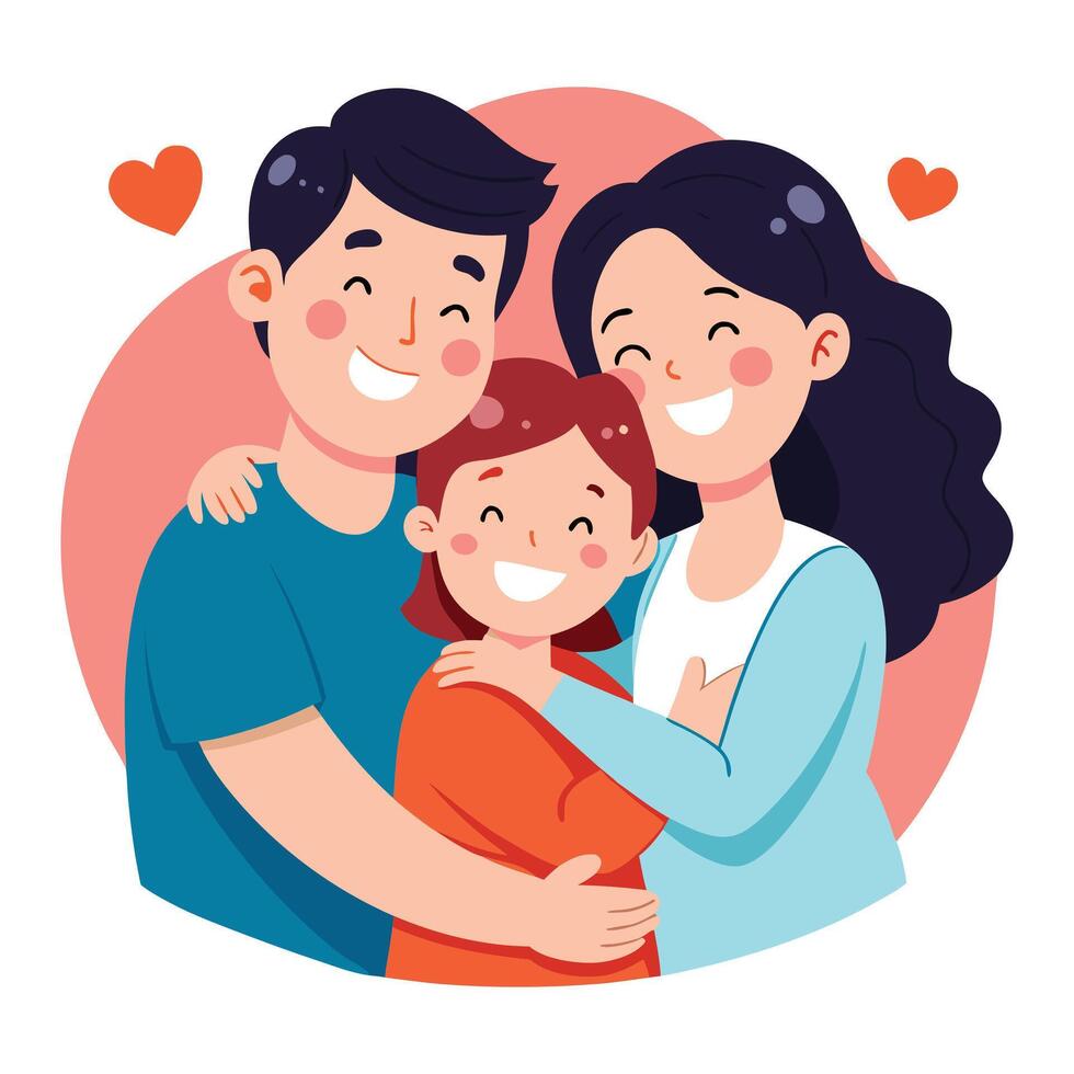 Cheerful Cartoon Family Portrait Father, Mother, and Daughter Hugging with Hearts vector