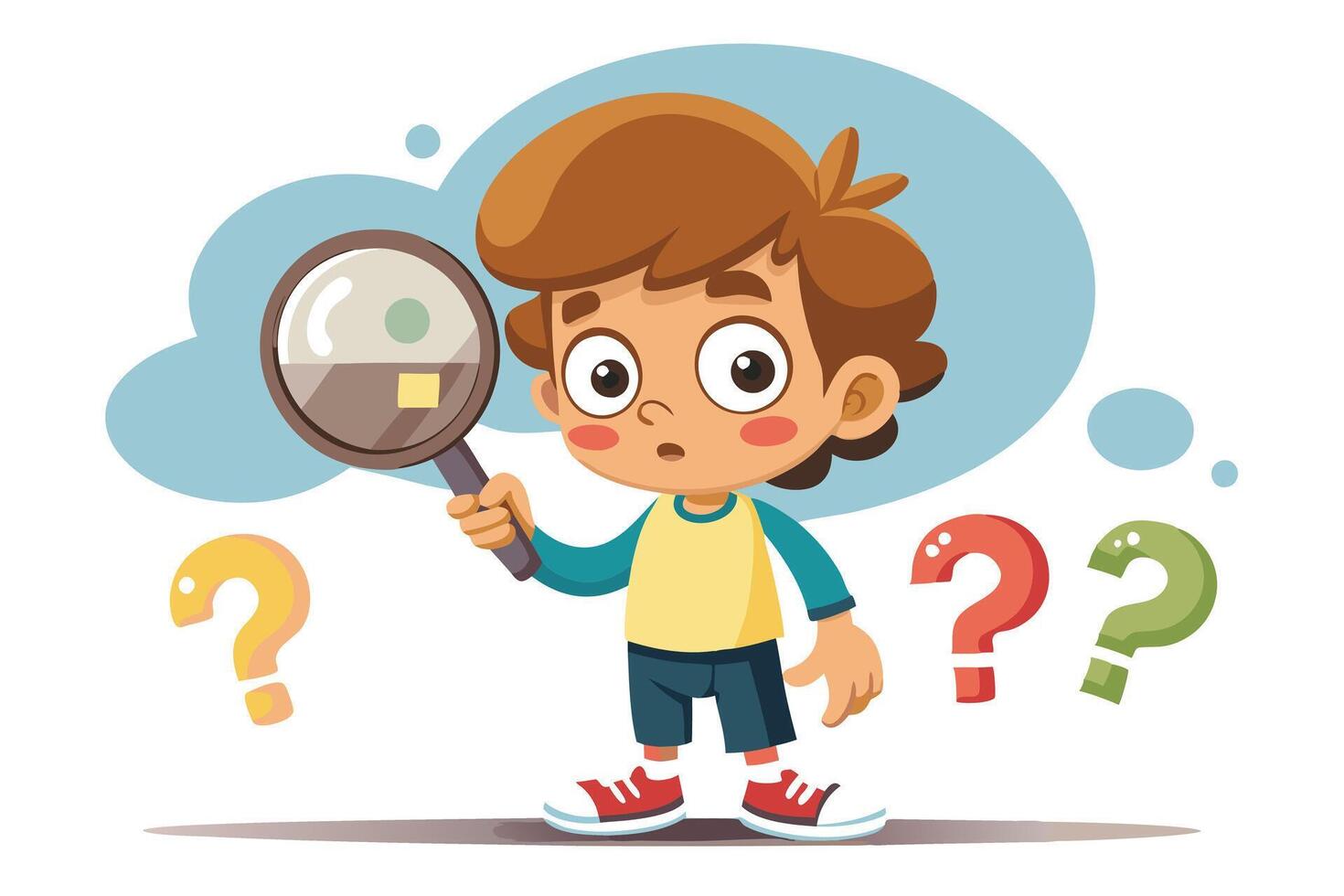 Cartoon Boy Looking Through Magnifying Glass Surrounded by Question Marks vector
