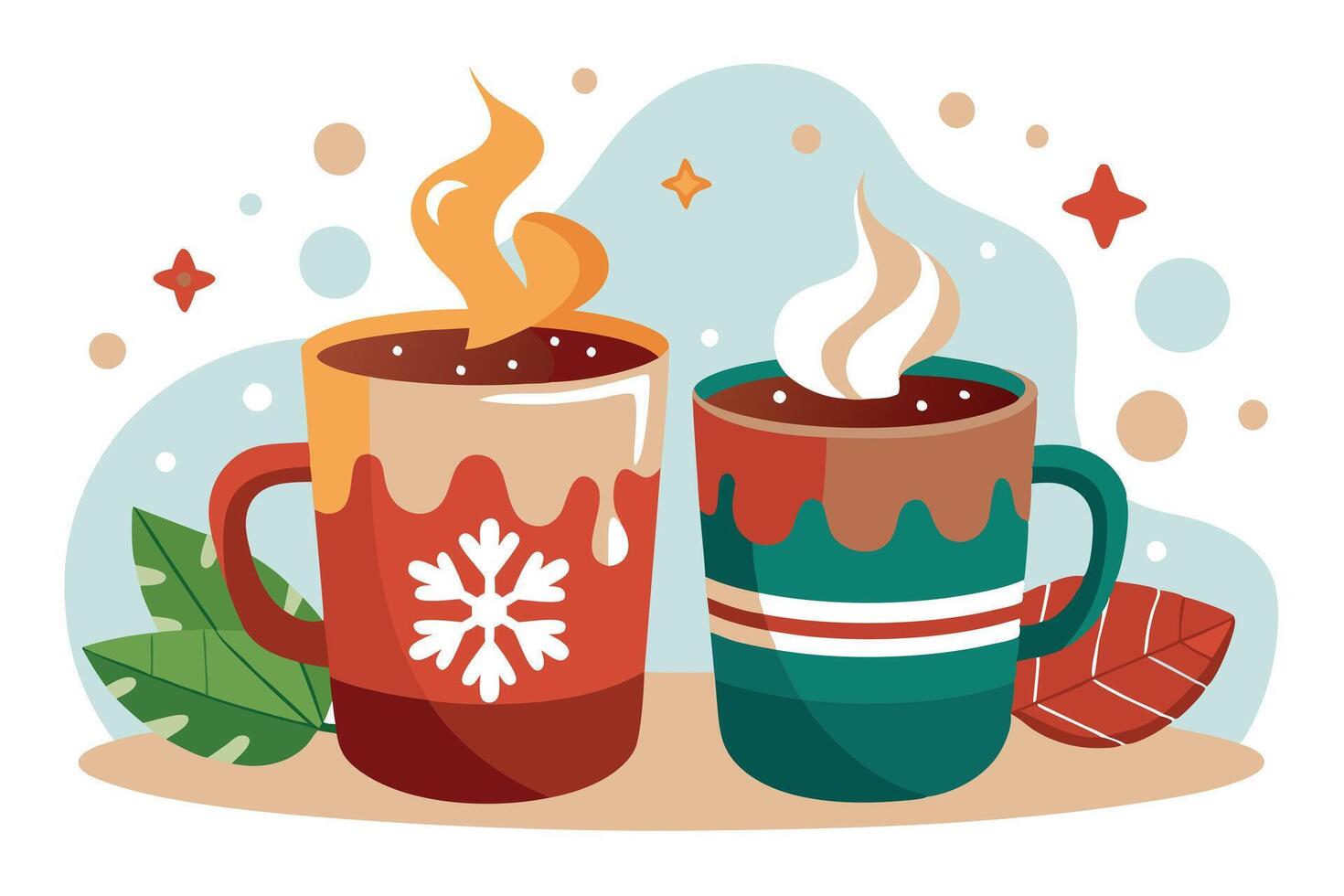 Mugs with Hot Beverages, Holiday Decor, Cartoon Style, Winter Vibes, Design vector