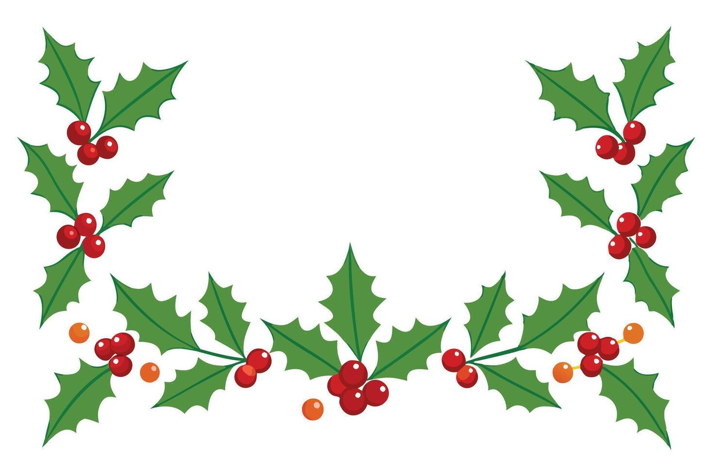 Holiday Holly Berry Border with Green Leaves on White Background vector