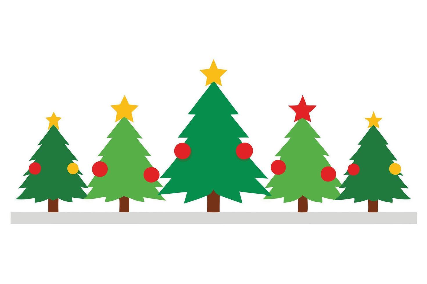 Colorful Christmas Trees with Ornaments and Stars on White Background Flat Design vector