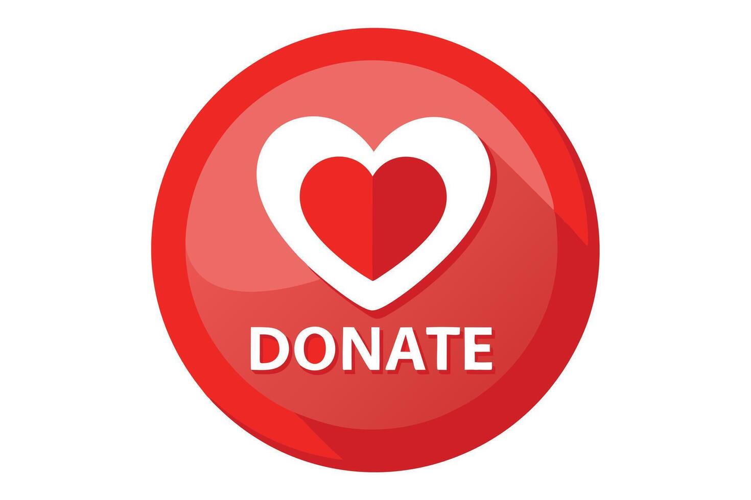 Donate Heart Shape on Red Circle Glossy Button with Long Shadow Isolated vector
