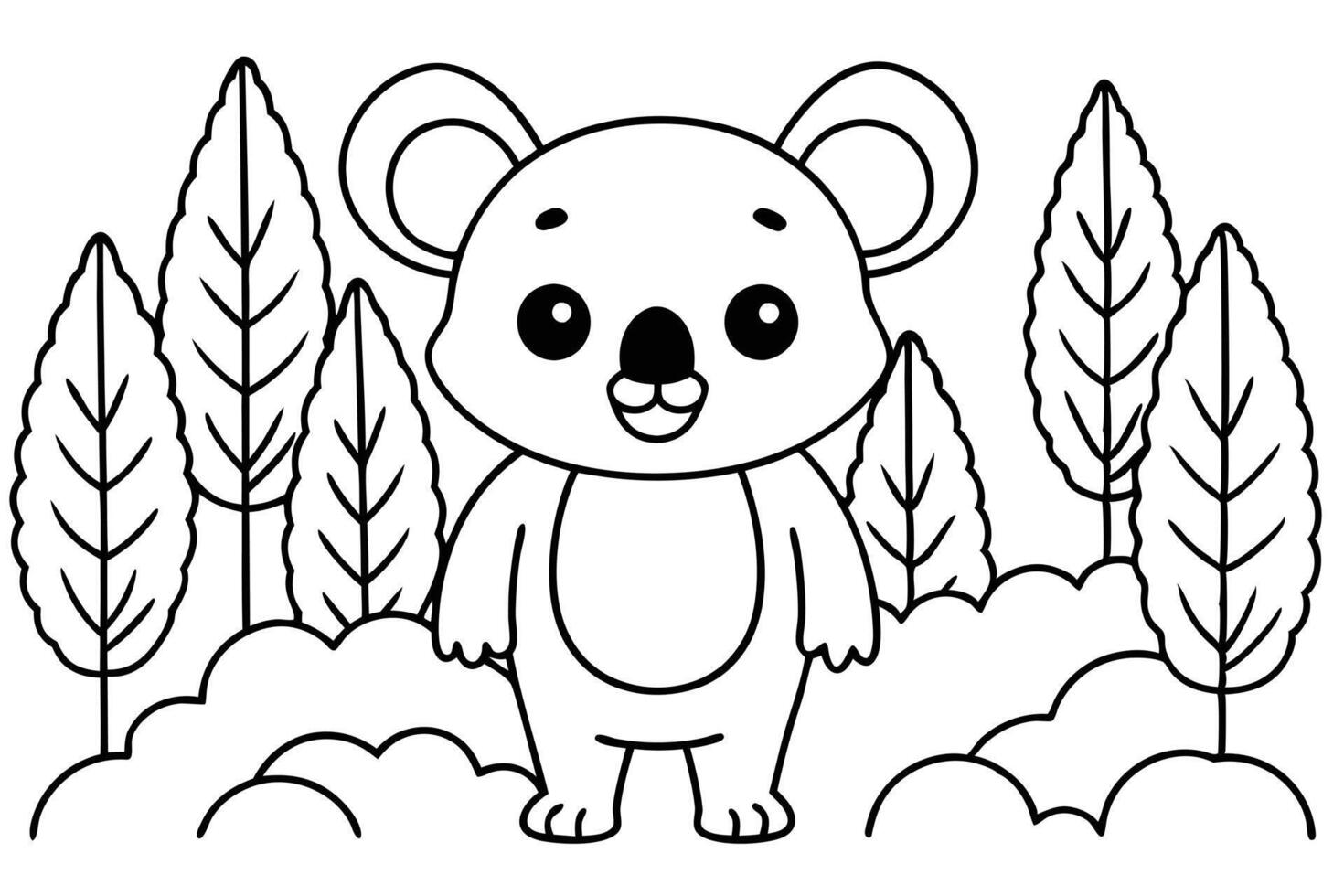 Cartoon Koala in the Woods, Line Art, Cute Animal, Outline Drawing, Trees vector