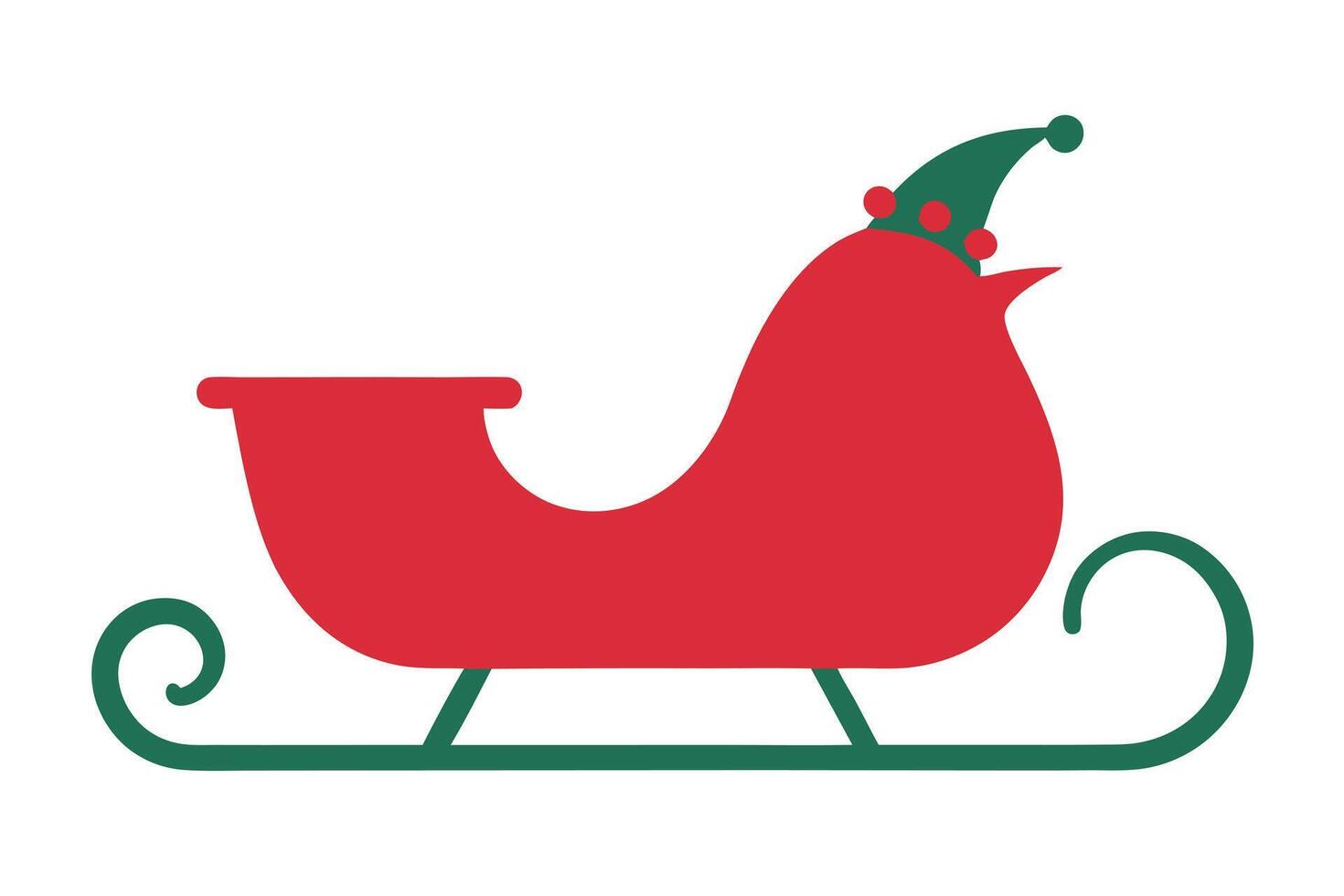 Whimsical Red Christmas Sleigh Green Runners and Elf Hat on White Background vector