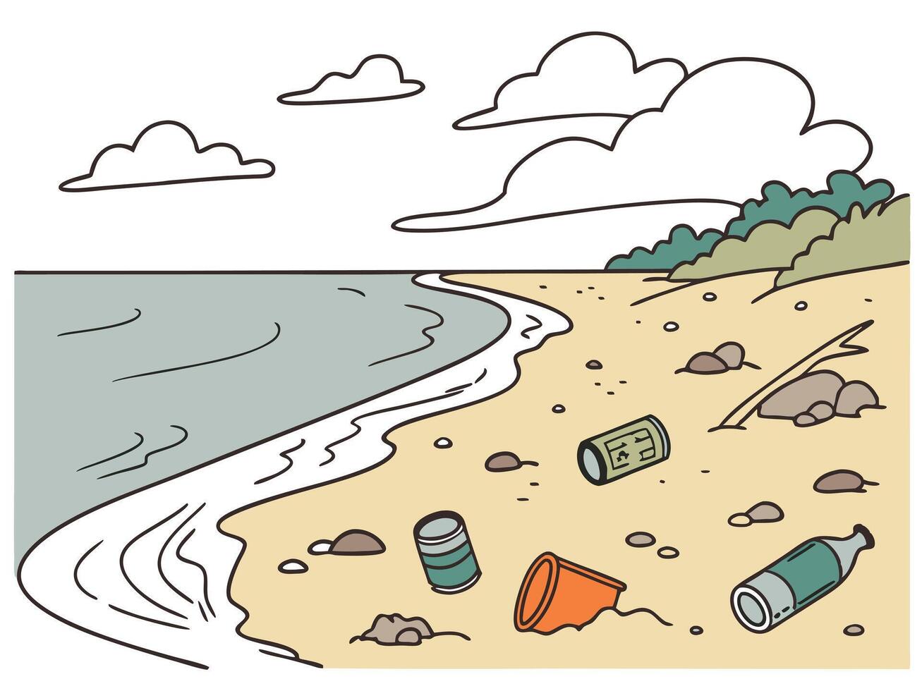 Cartoon Beach Landscape with Litter and Pollution, Coastal vector