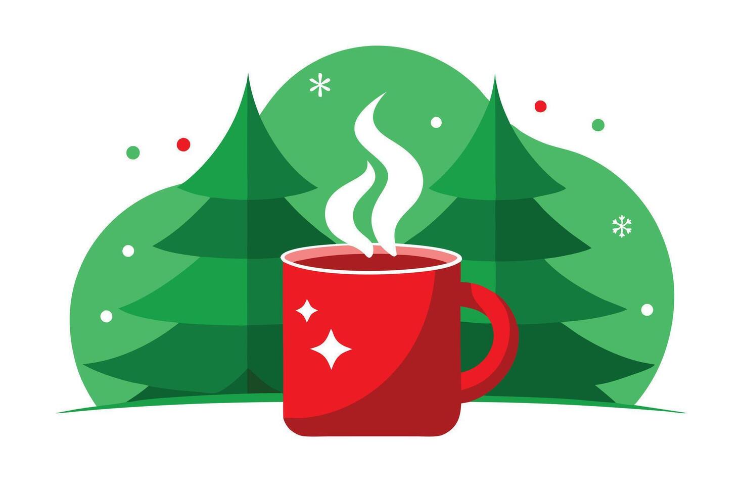 Festive Red Mug with Steam and Evergreen Trees on White Background vector