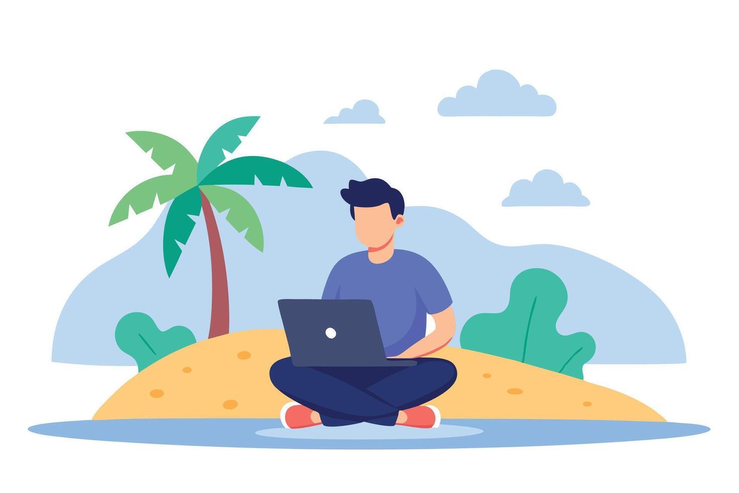 Man with Laptop Sitting on Beach with Palm Tree, Sea and Cloud vector