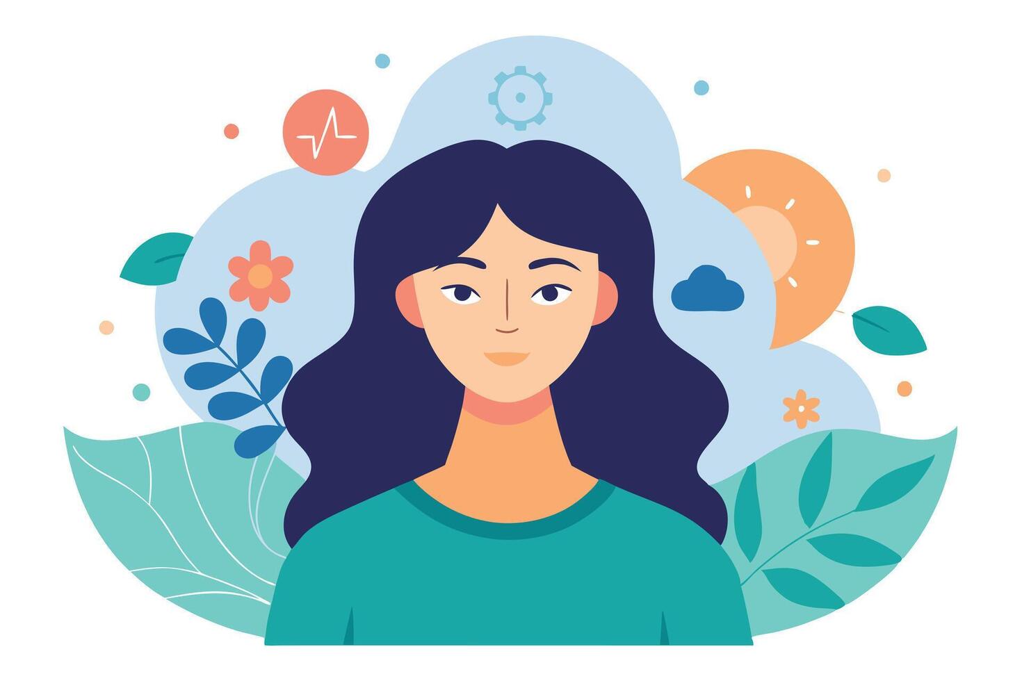 Cartoon Woman with Navy Hair, Teal Top, surrounded by light floral shapes vector