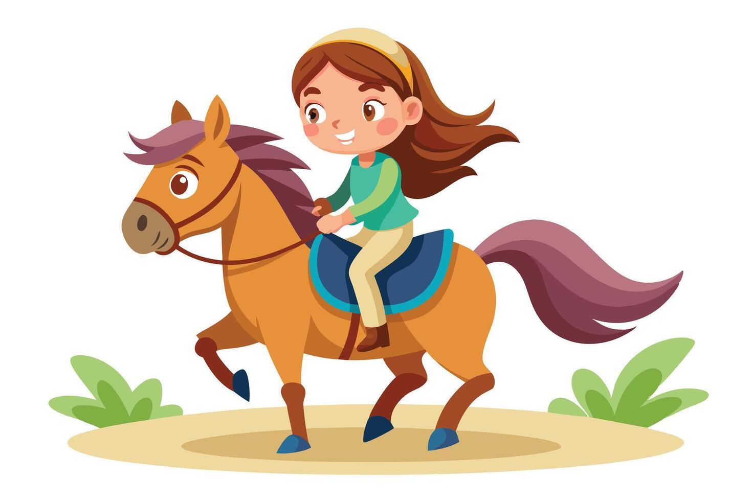 Joyful Girl Riding Chestnut Horse Cartoon on a Rural Field vector
