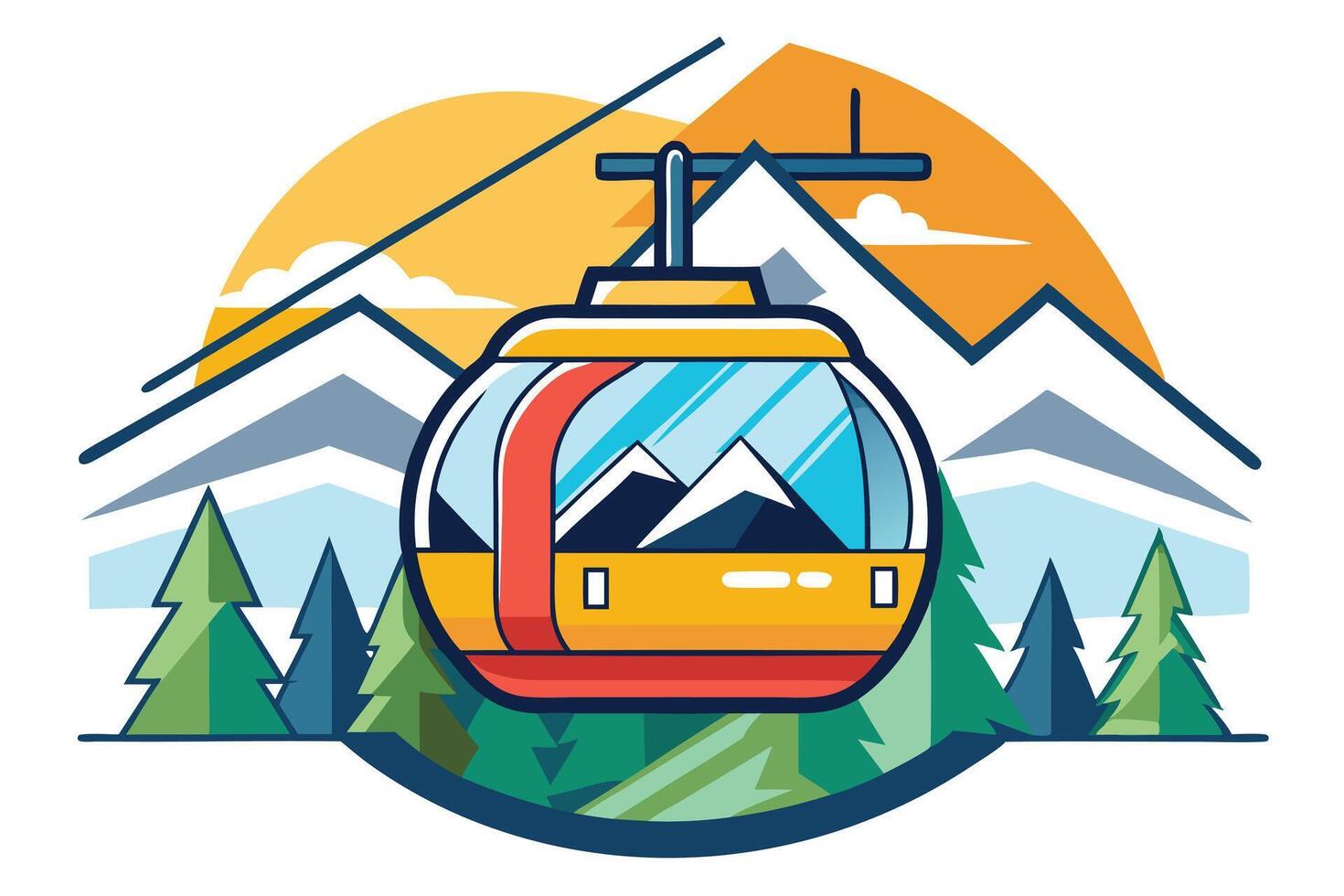 Stylized Gondola over Mountains, Geometric Trees on White vector