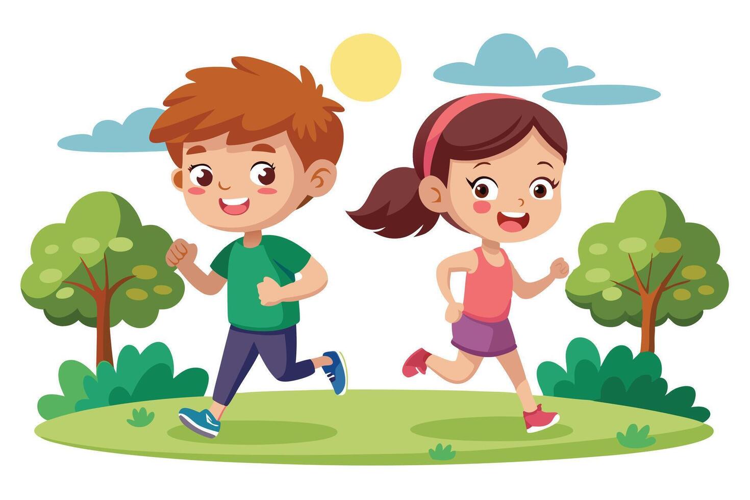 Cartoon Boy and Girl Running in Park, with Trees and Sun, White Background vector