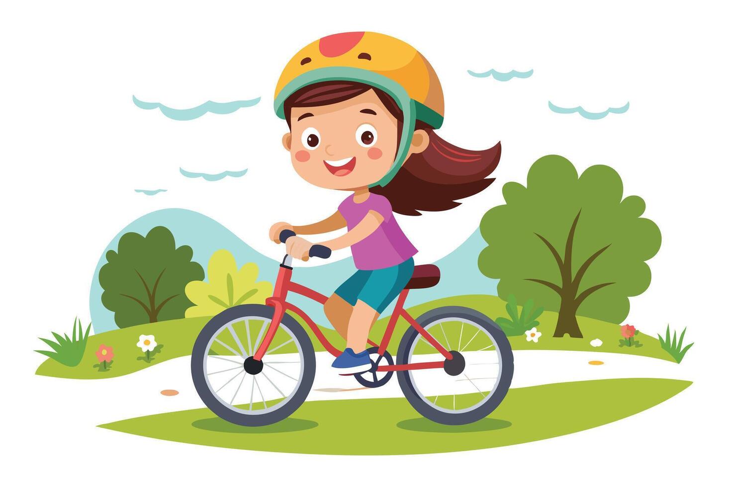 Cartoon Young Girl Riding Bike with Helmet in Park Landscape on White Background vector