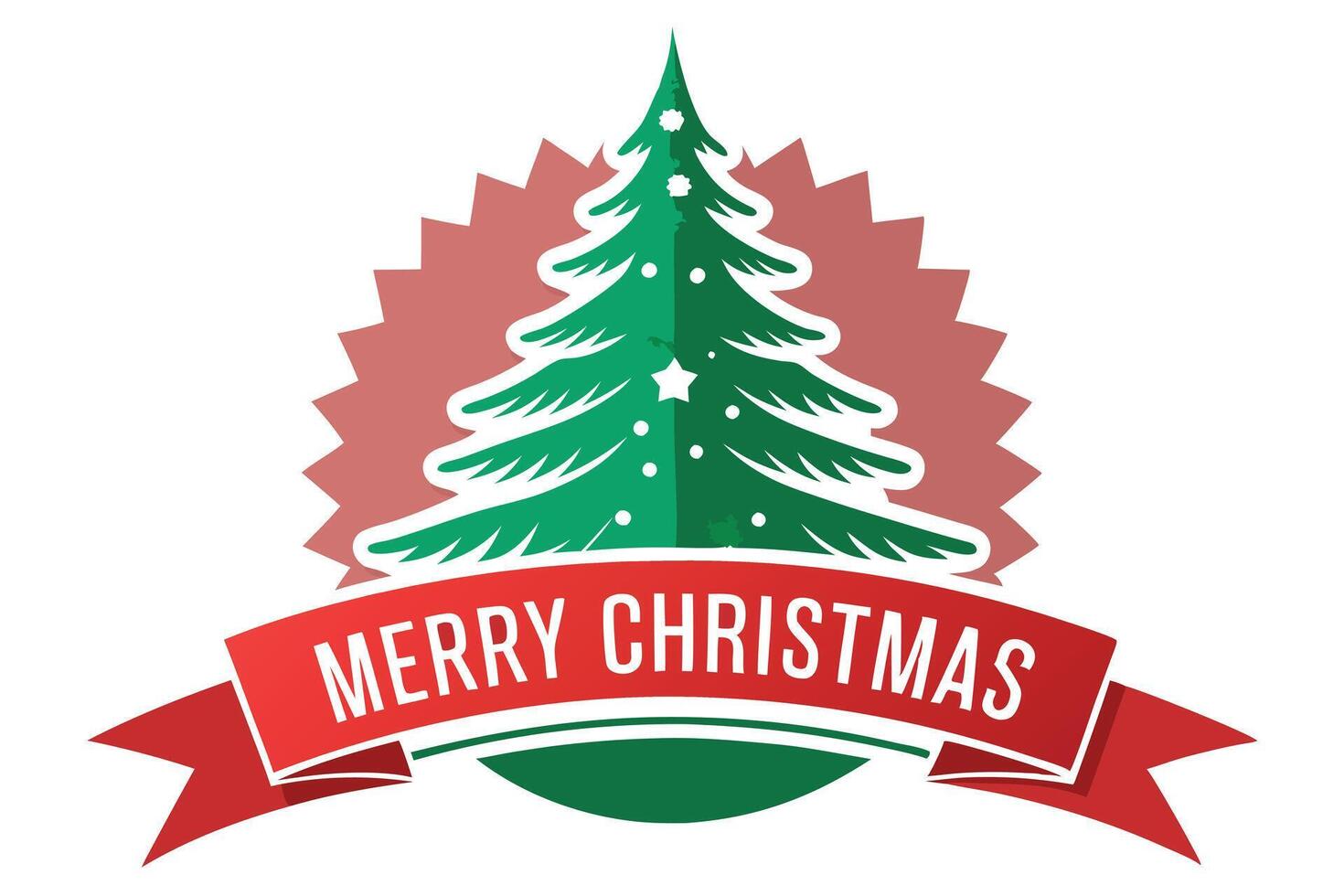 Merry Christmas Design with Green Tree, Festive Red Ribbon and Pink Starburst vector