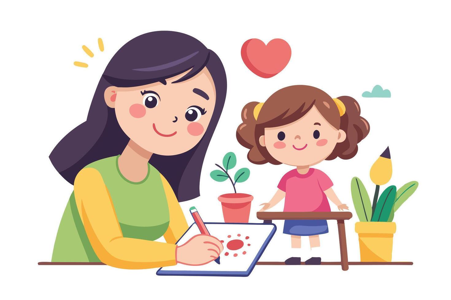 Cartoon Mother Drawing Beside Child with Table, Flowerpots on White Background vector
