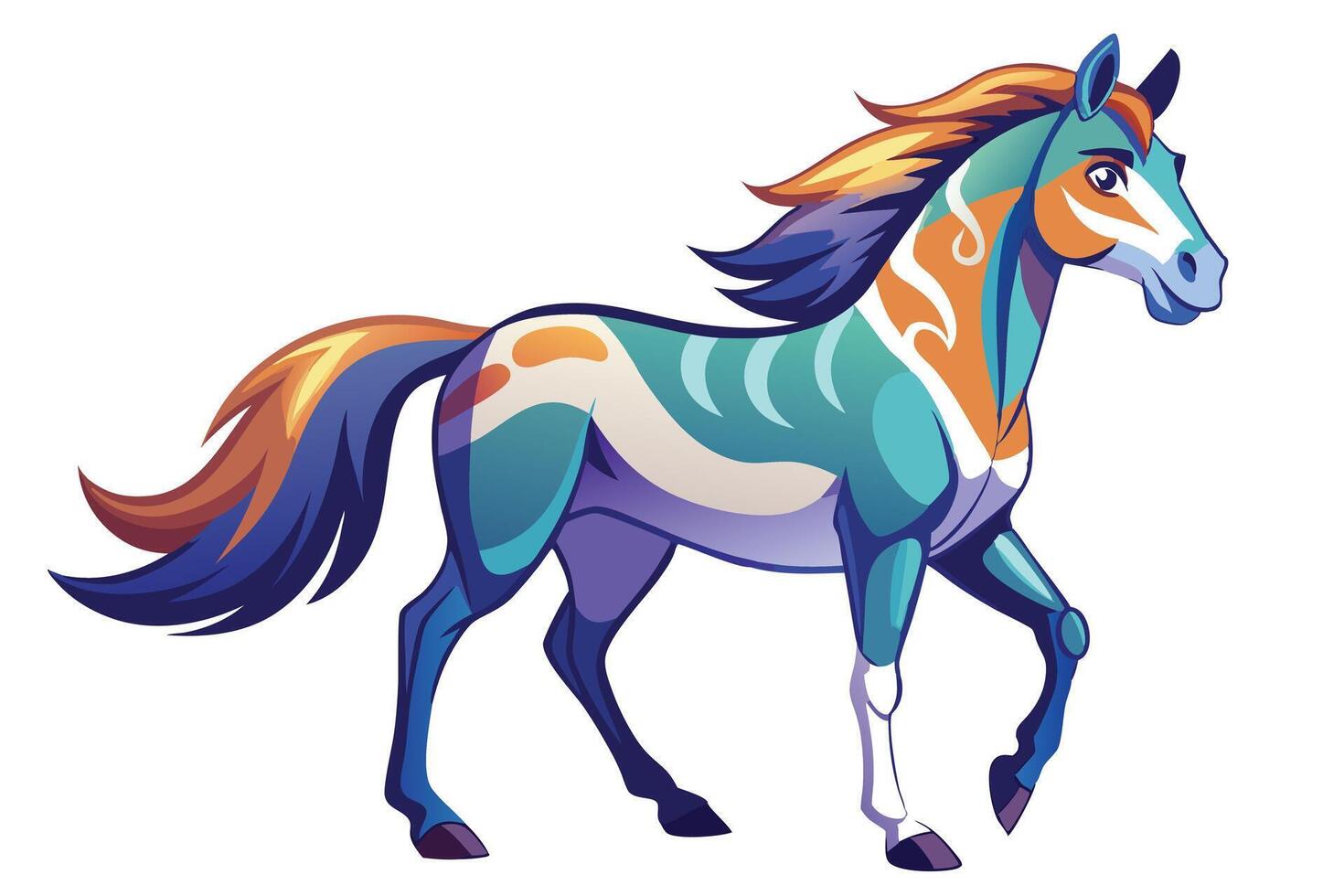 Colorful Fantasy Horse Walking with Turquoise Body and Orange Mane on White vector