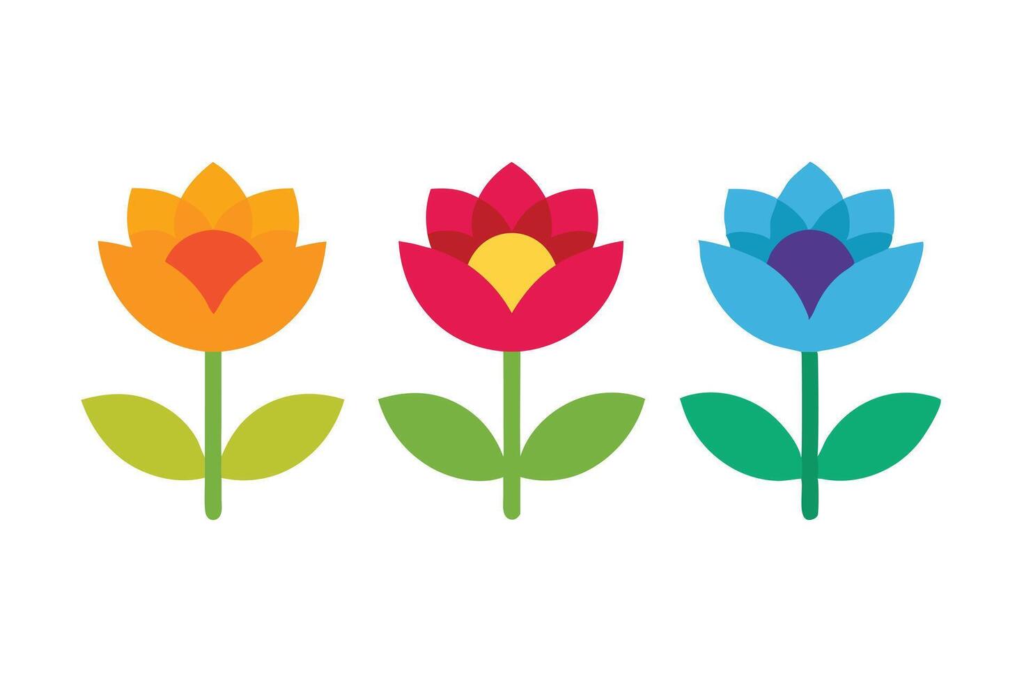 Minimalist Colorful Flowers Design with Stems and Leaves on a White Background vector