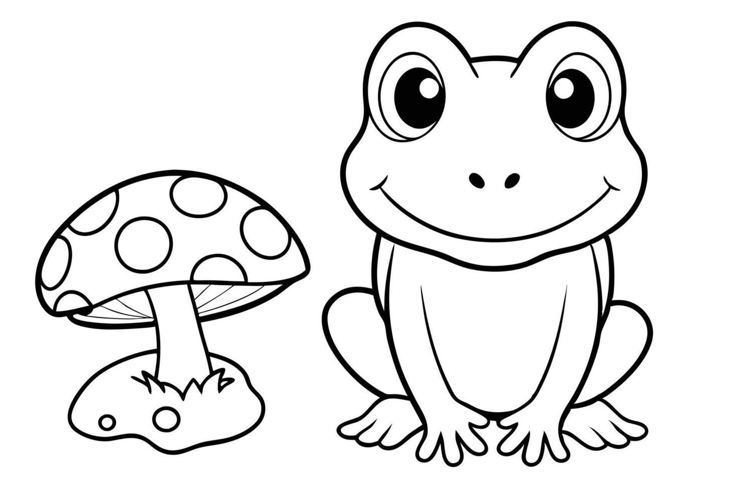Cartoon Frog With Mushroom in Black and White Outline vector