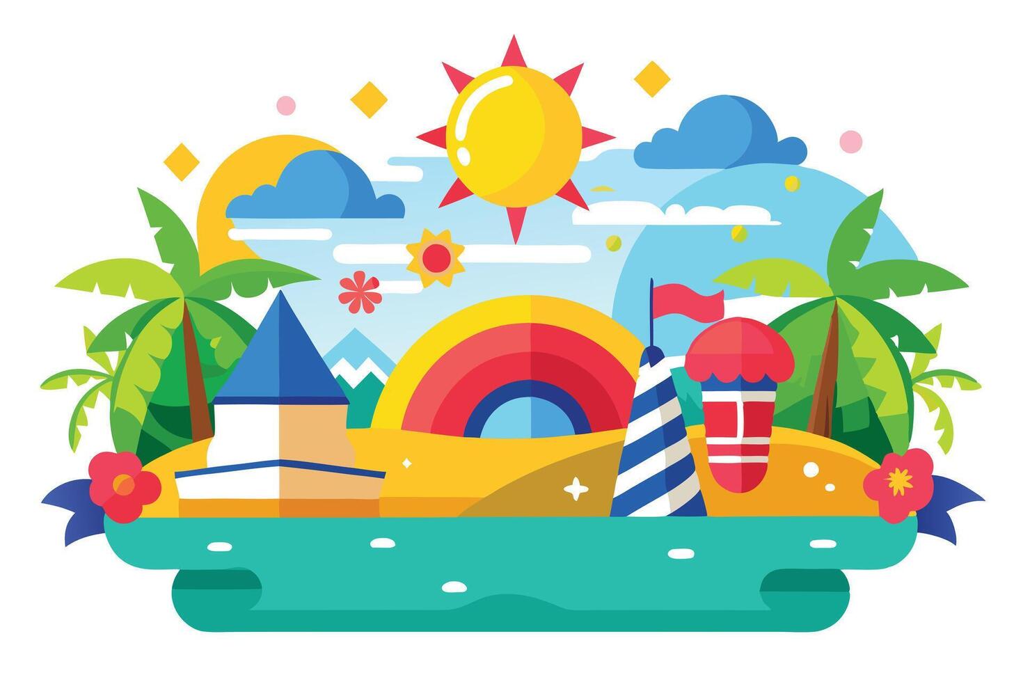 Colorful Summer Island with Rainbow, Palm Trees, Lighthouse, and Sunny Sky vector
