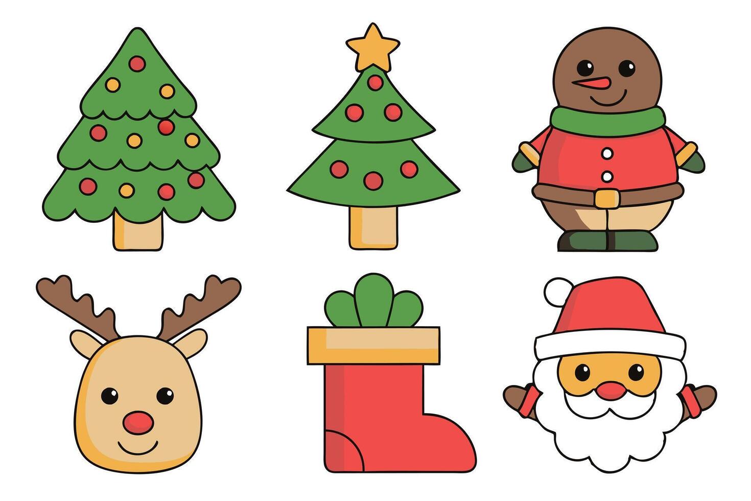 Christmas Cute Cartoon Trees, Snowman, Reindeer Head, Boot and Santa Head vector