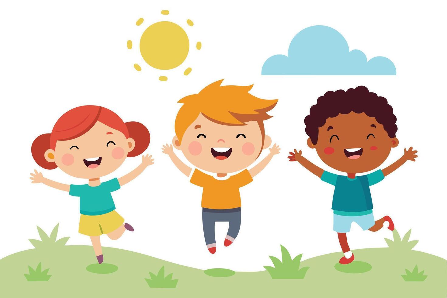 Cheerful Diverse Kids Jumping, White Background, Sun, Cloud, Cartoon Styled Design vector