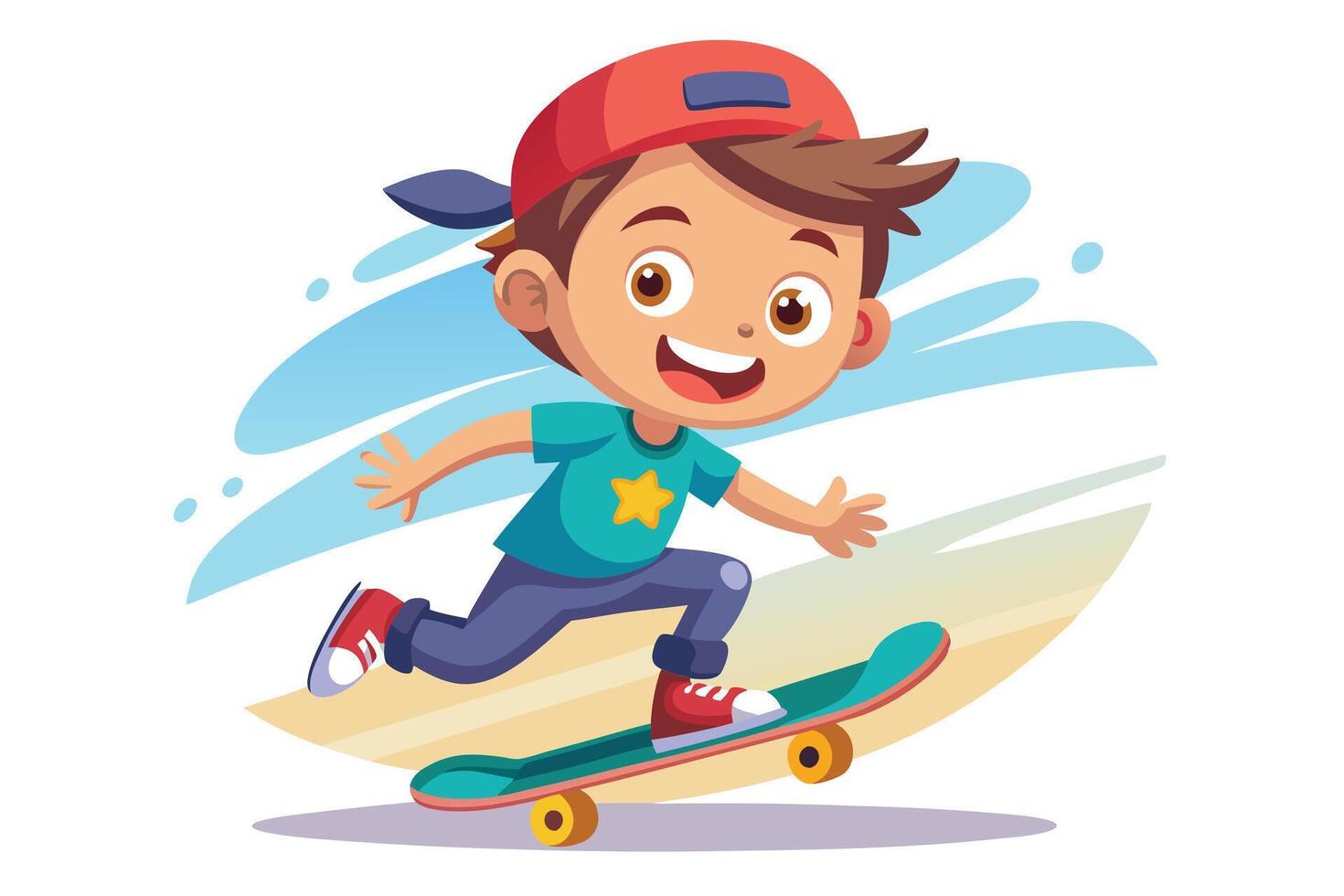 Cheerful Cartoon Boy Rides Skateboard in Red Cap on White Background Art vector