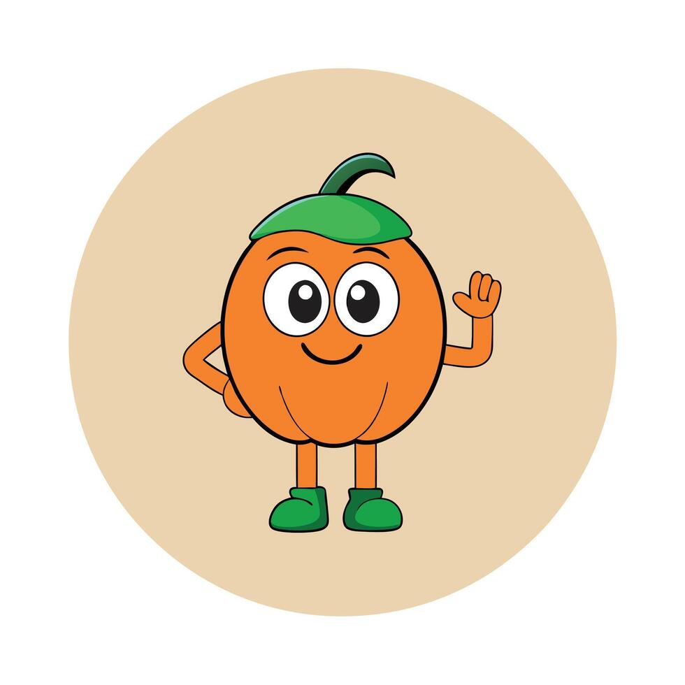 Cheerful Orange Character with Green Cap, Hands Up on Circle Background vector