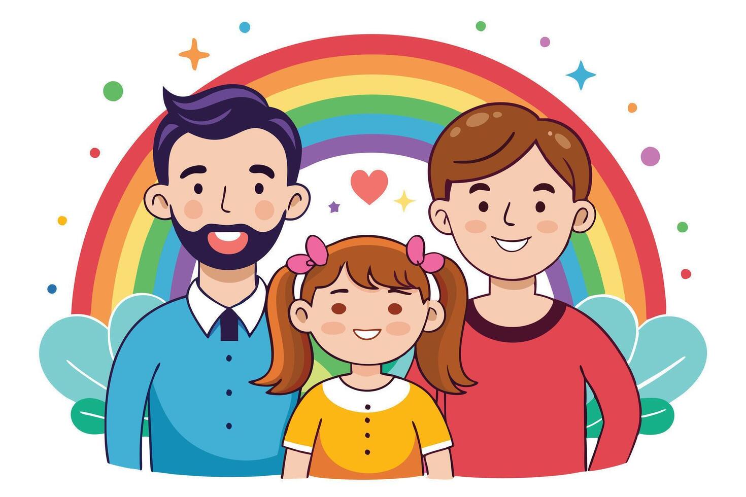 Smiling Cartoon Family Portrait, Cheerful with Rainbow, Stars, Heart and Decorative Leaves vector