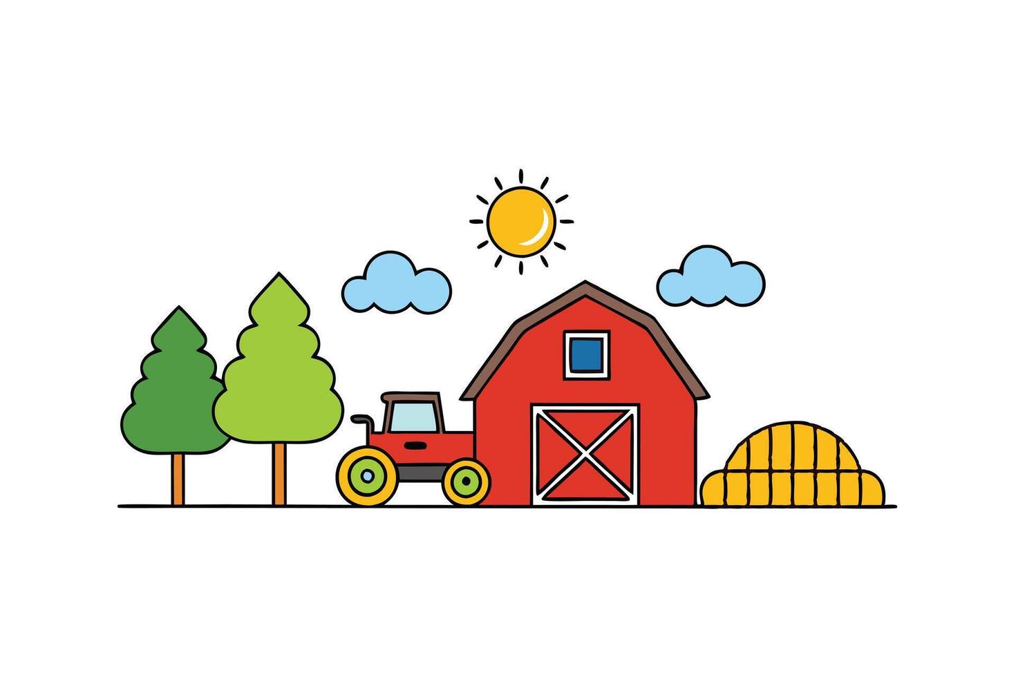 Sunny Farm with Barn, Trees, Tractor, and Hay Bale on White Background vector