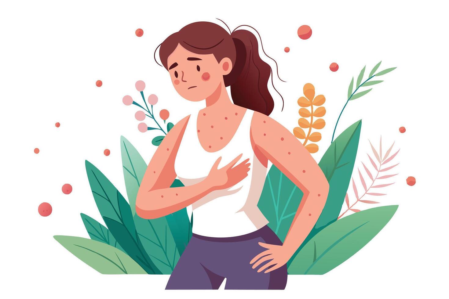 Flat Design Sad Brunette Girl with Rash, Wearing a White Tank Top and Purple Pants vector