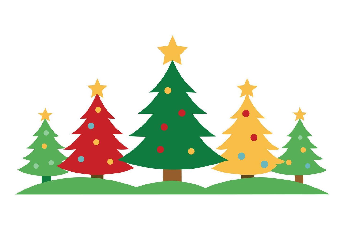 Cartoon Christmas Trees with Star Toppers and Colorful Ornaments on Green Ground vector