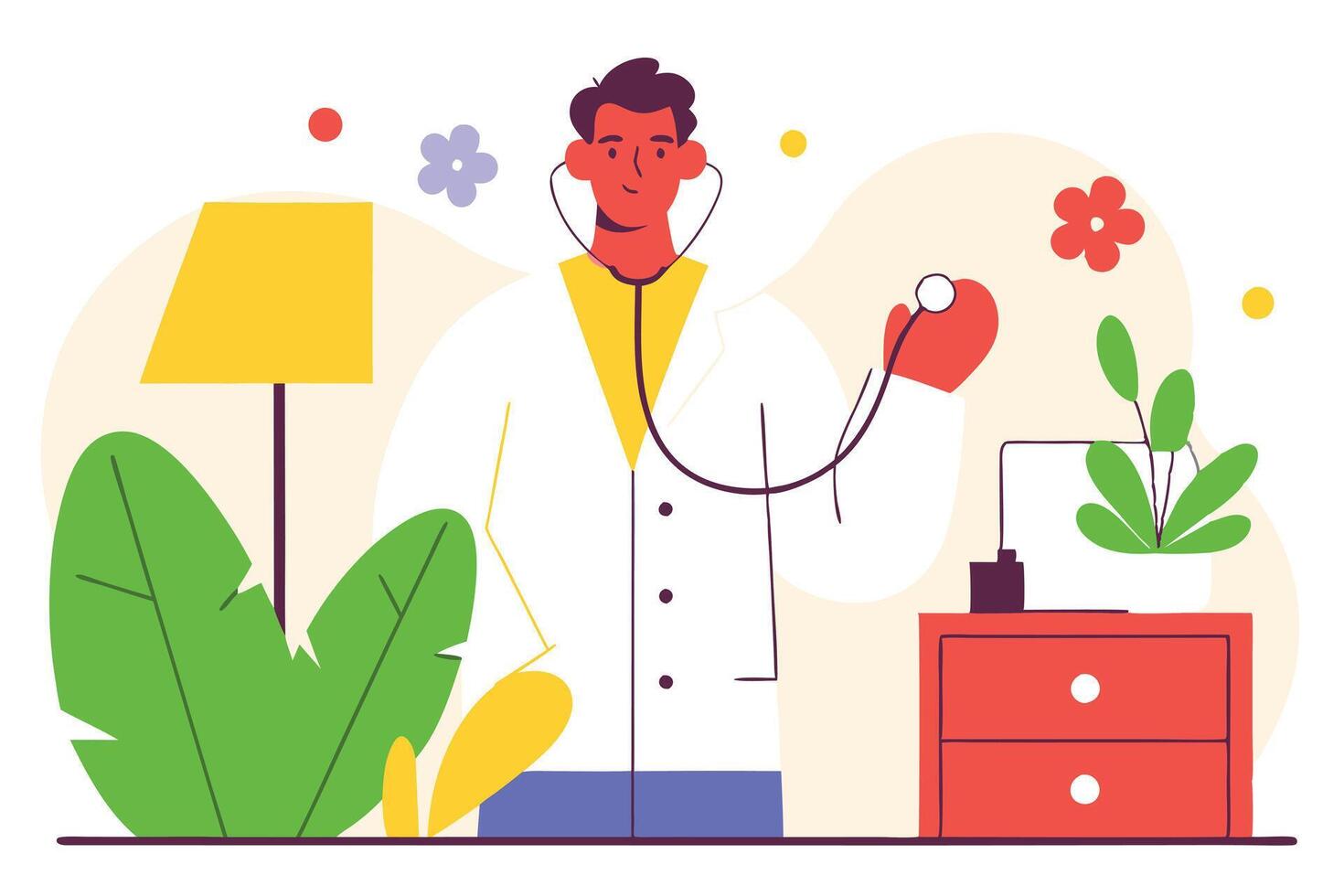 Cartoon Doctor with Stethoscope in Hand Drawn Style with Plants and Flowers Elements vector