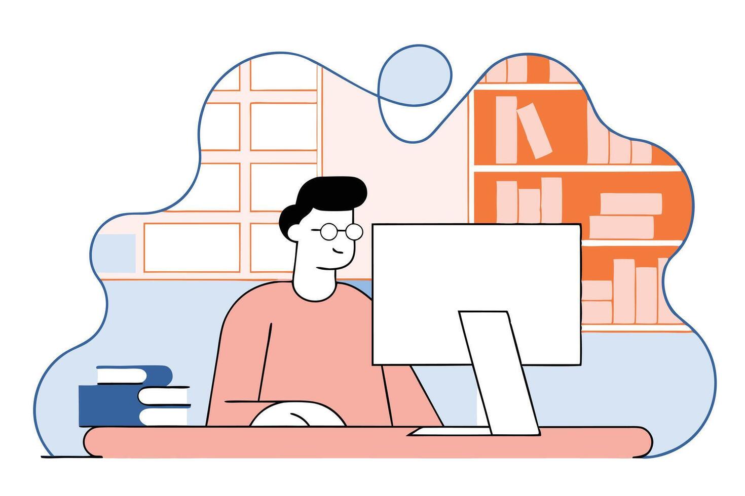 Man at Desk with Monitor and Bookshelf in Soft Color Cartoon Flat Style Art vector