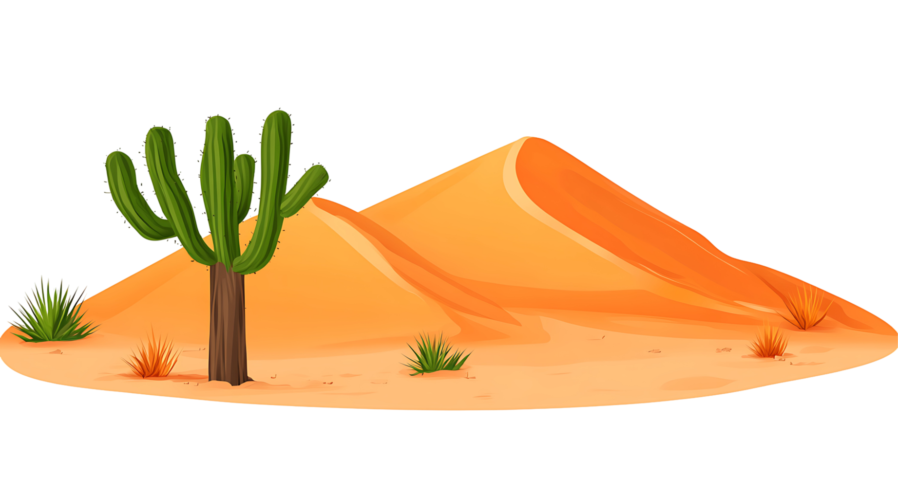 Desert landscape with sand dunes and cactus. png
