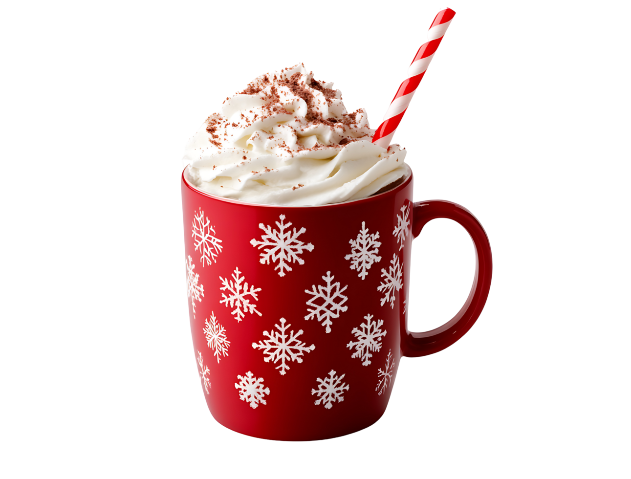 Red mug of hot chocolate with whipped cream and candy cane straw. png