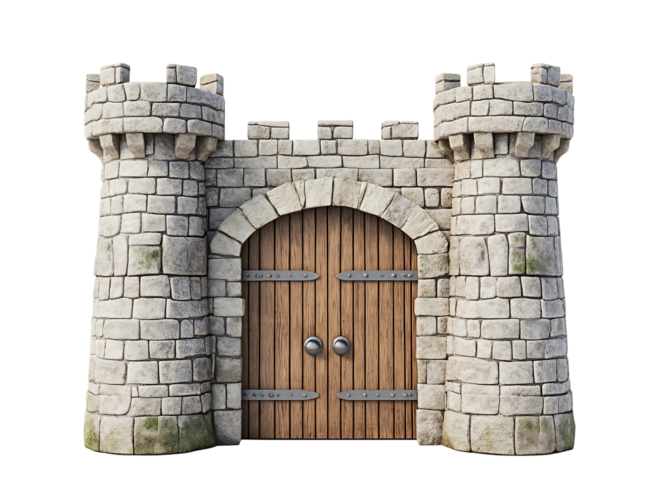 Medieval castle gate, stone walls, wooden door, png
