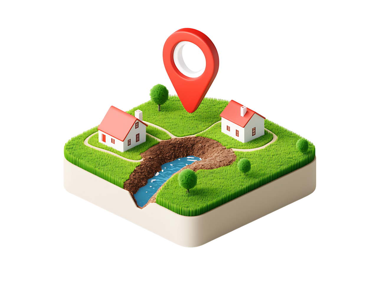 Isometric map view of houses and river. png
