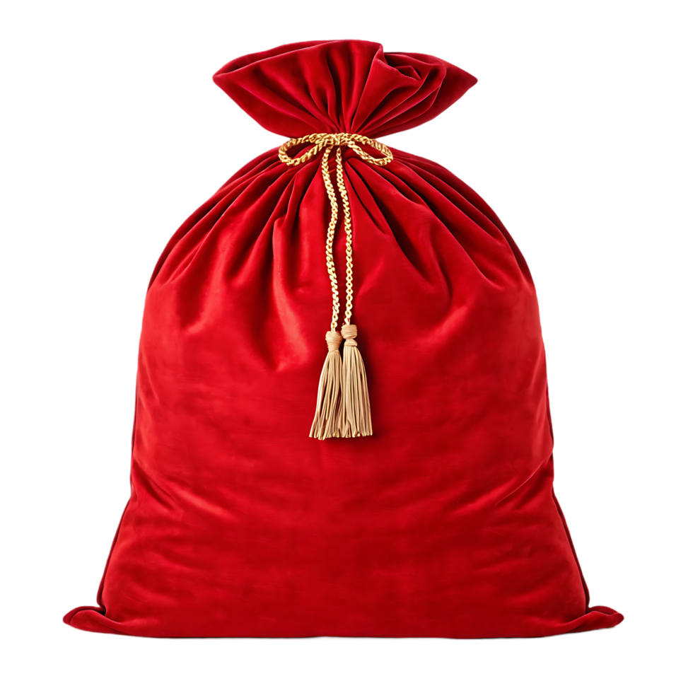 Large red velvet gift bag with gold drawstring and tassels. png